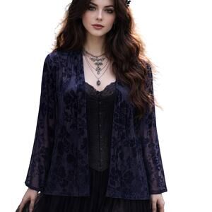 Oleg Cassini Vintage Burnout Velvet Topper Size 14 Blue Open Whimsigoth Cardigan